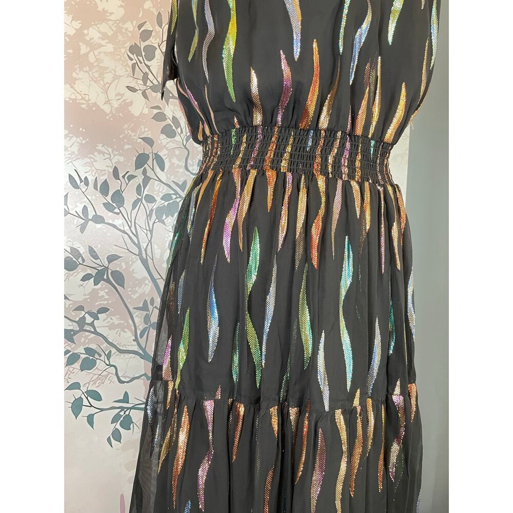 Shoshanna Metallic Rainbow Halter Neck Smocked Maxi Dress Black 10 Bow Tie - Picture 4 of 6